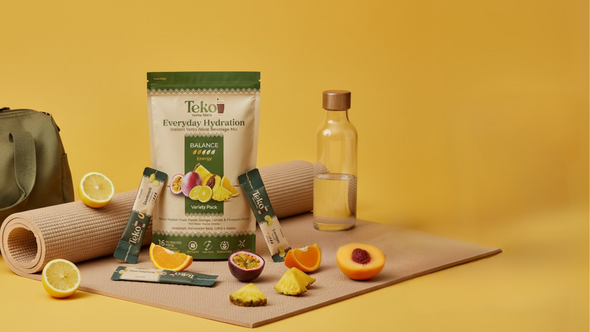 Teko Everyday Hydration package with fruits and a bottle on a yellow background