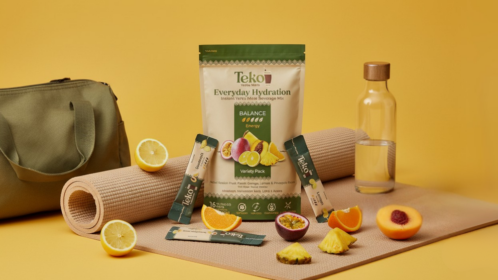 Teko Everyday Hydration package with fruits and a bottle on a yellow background
