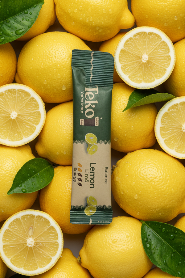 Tetko lemon flavor packet surrounded by lemons with green leaves