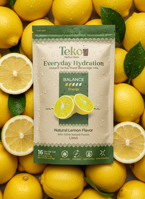 Teko Everyday Hydration package with lemons on a background of lemons
