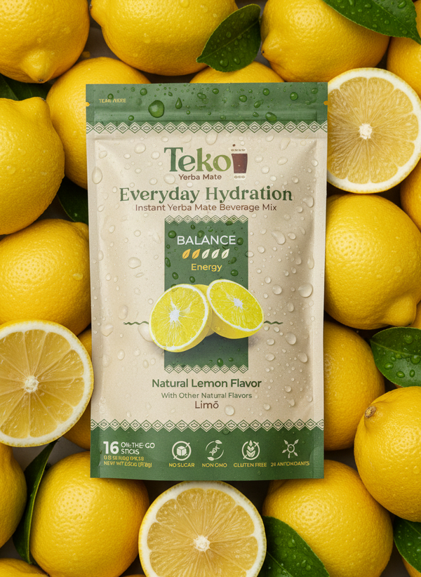 Teko Everyday Hydration instant vera mate beverage mix package surrounded by lemons