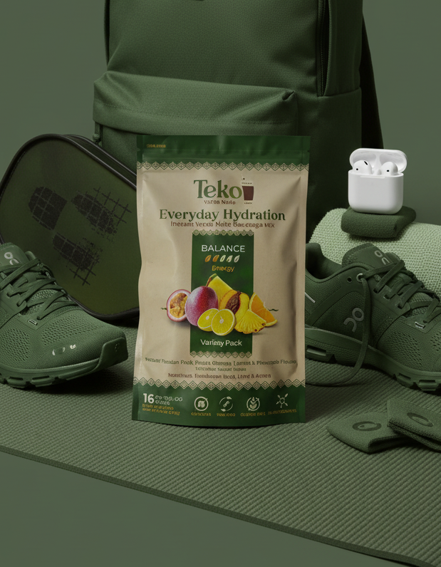 Green backpack, shoes, yoga mat, and Teke Everyday Hydration package on a green background