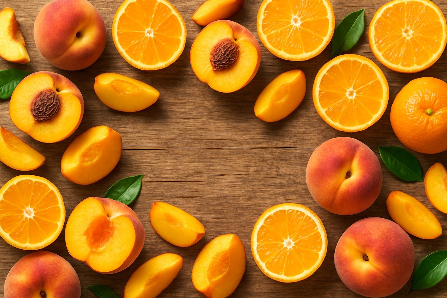 Peach and orange fruits arranged on wood background representing Peach Orange Yerba Mate citrus blend
