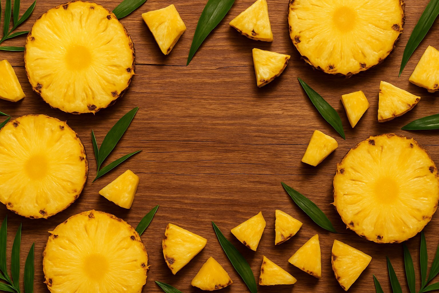 Sliced pineapple rings and chunks arranged with green leaves on wooden background for tropical pineapple yerba mate collection