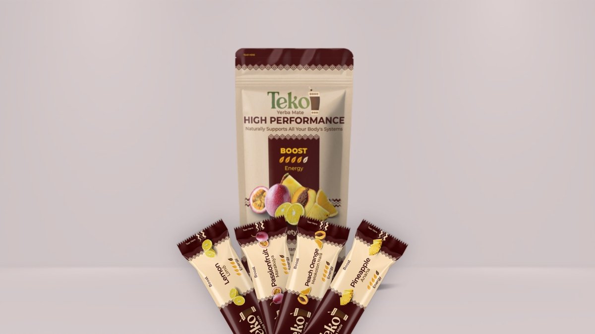 Teko Yerba Mate Powder High Performance energy boost sticks with passion fruit and ginger flavor
