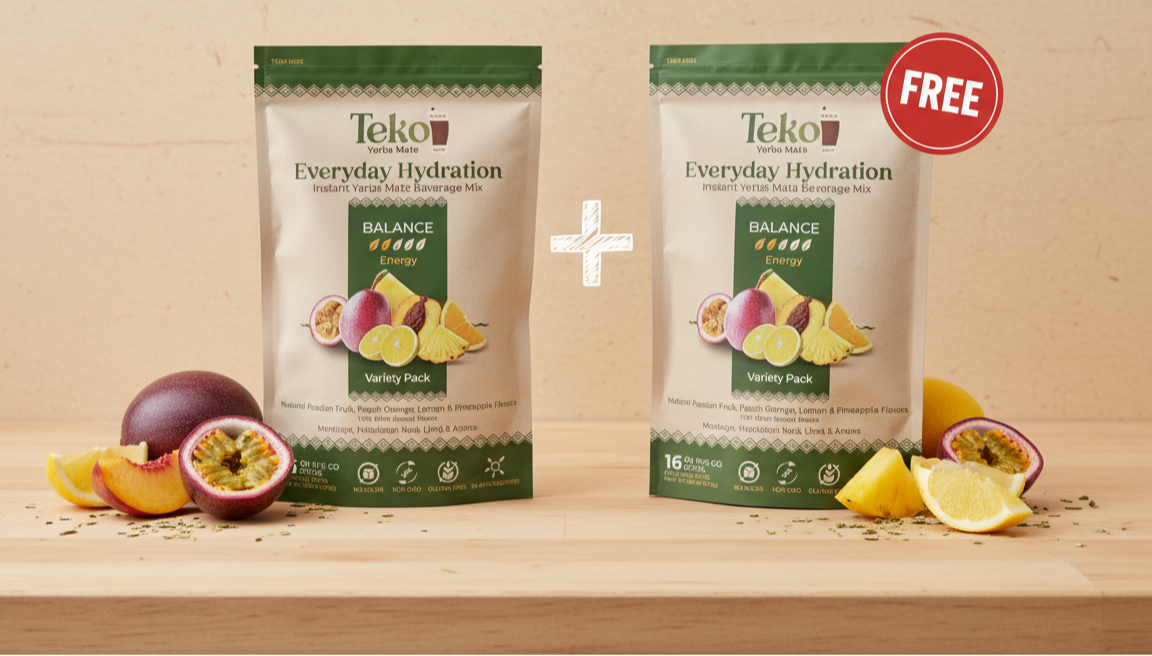 Two packages of Teko Everyday Hydration on a wooden surface with promotional text 'BUY 1 GET 1 FREE!'.