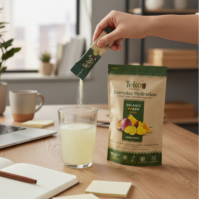 Person pouring a Teko Everyday Hydration package into a glass on a desk with a laptop and plants in the background.