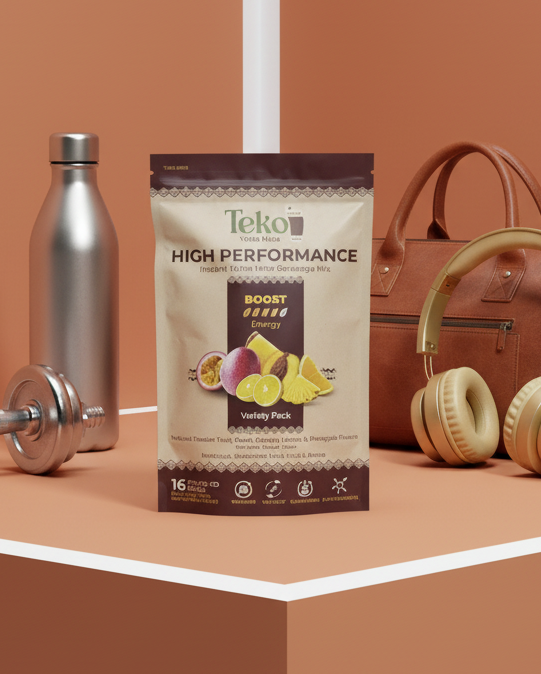 Teko High Performance supplement package with a water bottle, dumbbells, headphones, and handbag on a brown background