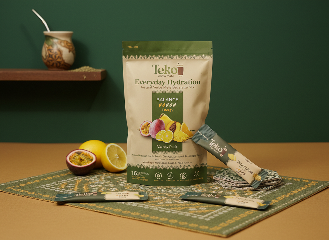 Teko Everyday Hydration package with lemon, passion fruit, and a cup on a green background