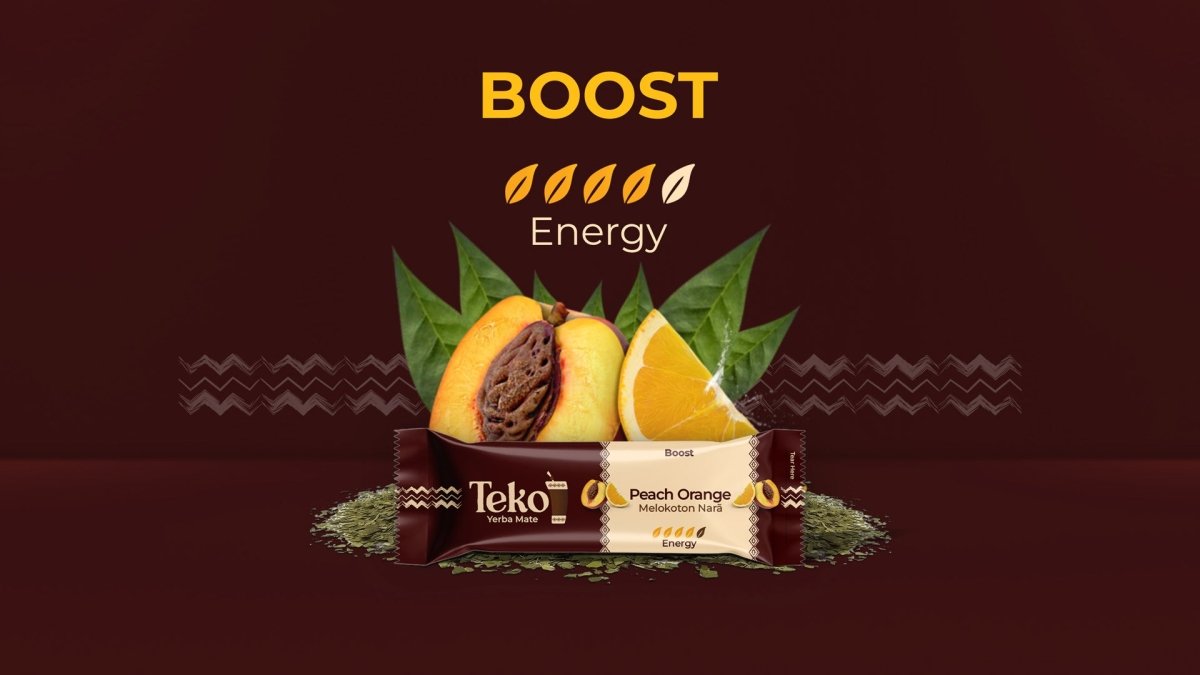 Teko Yerba Mate Peach Orange Boost energy powder with fresh peach, orange slice, and yerba mate leaves