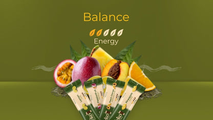 Teko Yerba Mate Powder Balance Energy sticks with passion fruit orange and leaves background