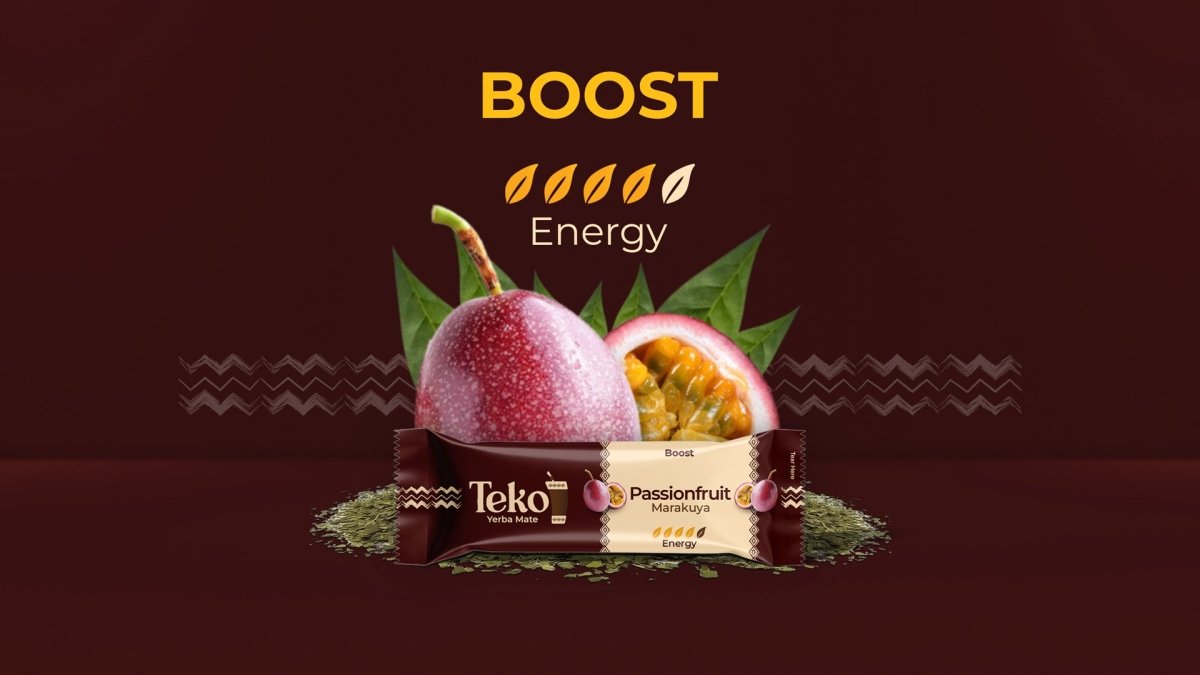 Teko Yerba Mate Passionfruit Powder Boost Energy with passionfruit fruit and green leaves