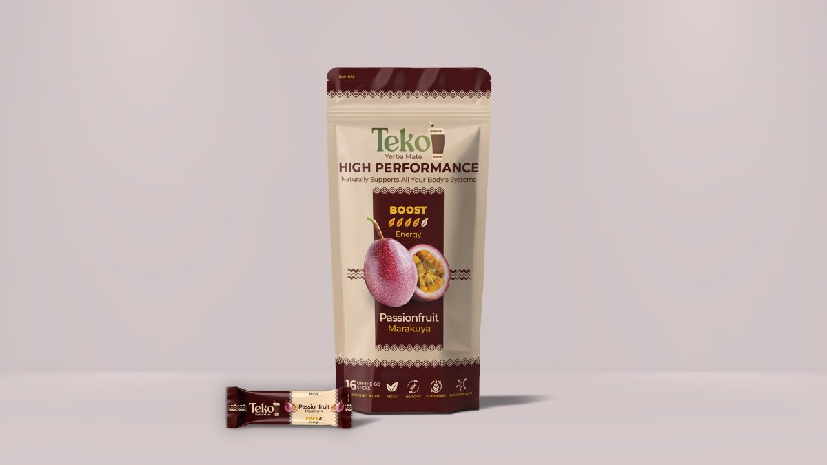 Teko High Performance Yerba Mate Powder Passionfruit flavor pack and stick with energy boost benefits