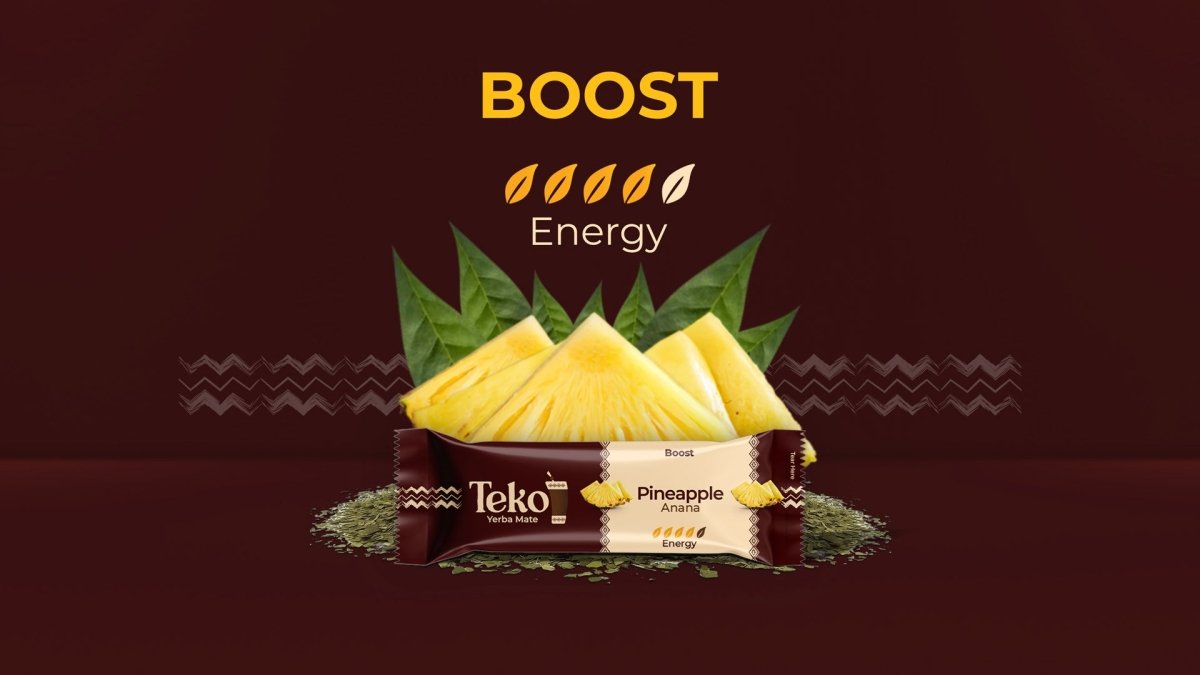 Teko Yerba Mate Pineapple flavor powder sachets with fresh pineapple slices and green leaves highlighting energy boost