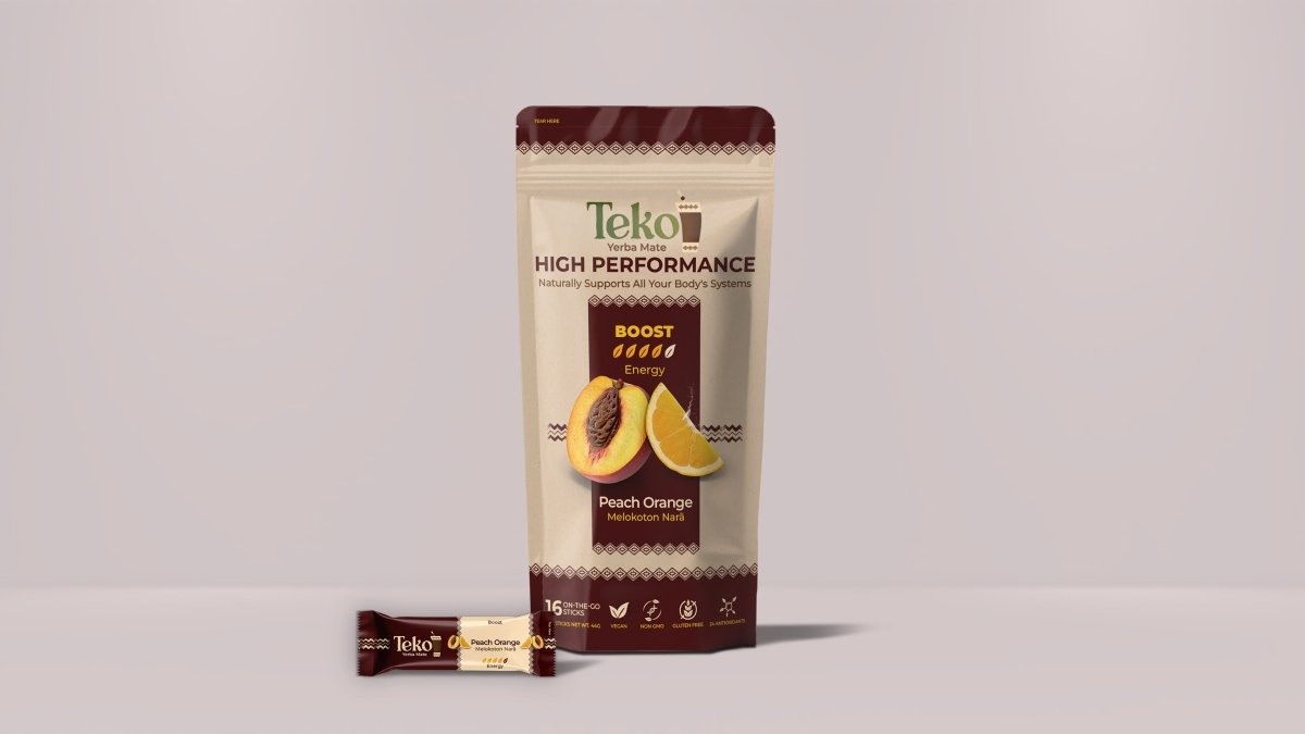 Teko High Performance Yerba Mate Powder Peach Orange flavor energy boost pack with single stick beside pouch