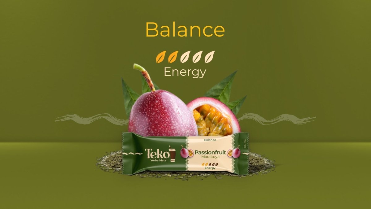 Teko Yerba Mate Passionfruit flavor powder packet with fresh passionfruit and balance energy label