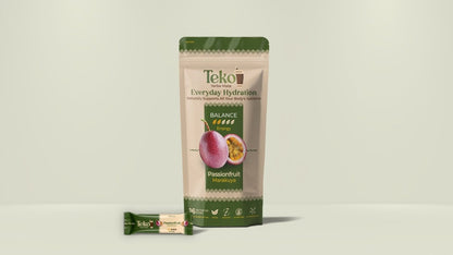 Teko Yerba Mate Powder Everyday Hydration with Passionfruit flavor packaging and single serving stick