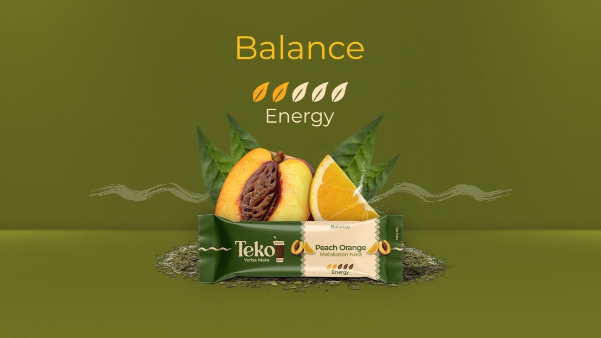 Teko Yerba Mate Peach Orange Powder Energy Balance Flavor with Fresh Fruit and Green Leaves