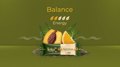 Teko Yerba Mate Peach Orange Powder Energy Balance Flavor with Fresh Fruit and Green Leaves