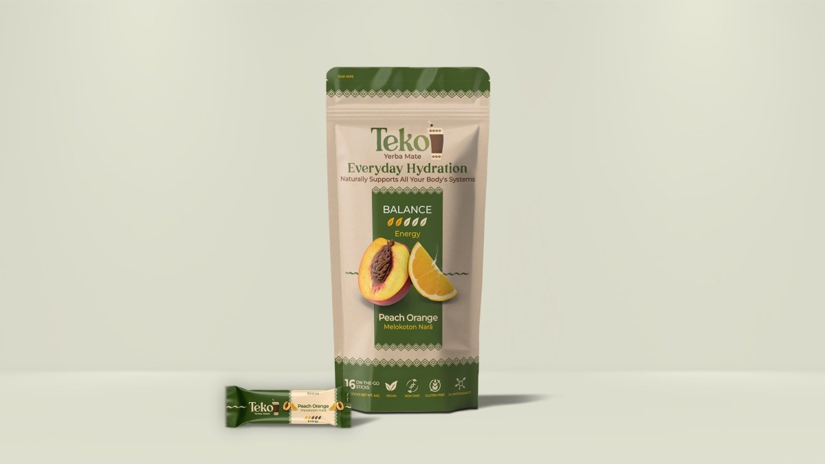 Teko Yerba Mate Powder Peach Orange flavor packet and stick pack for everyday hydration
